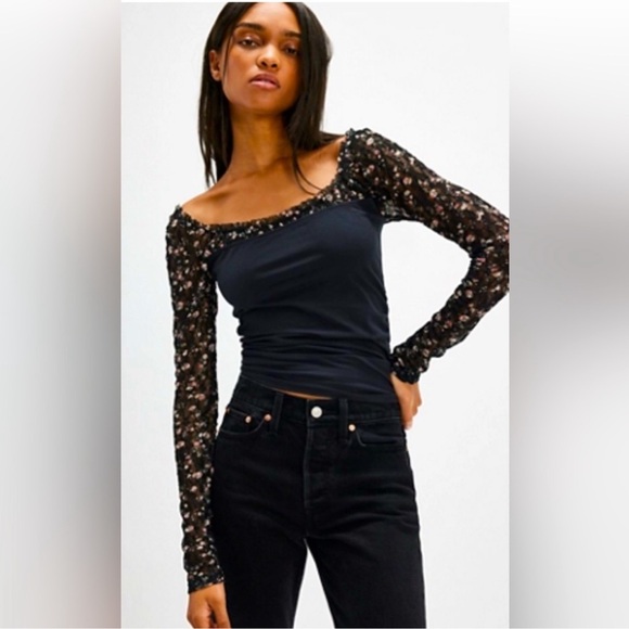 NWT FREE PEOPLE Black Combo Josie Long Sleeve Top SZ: L